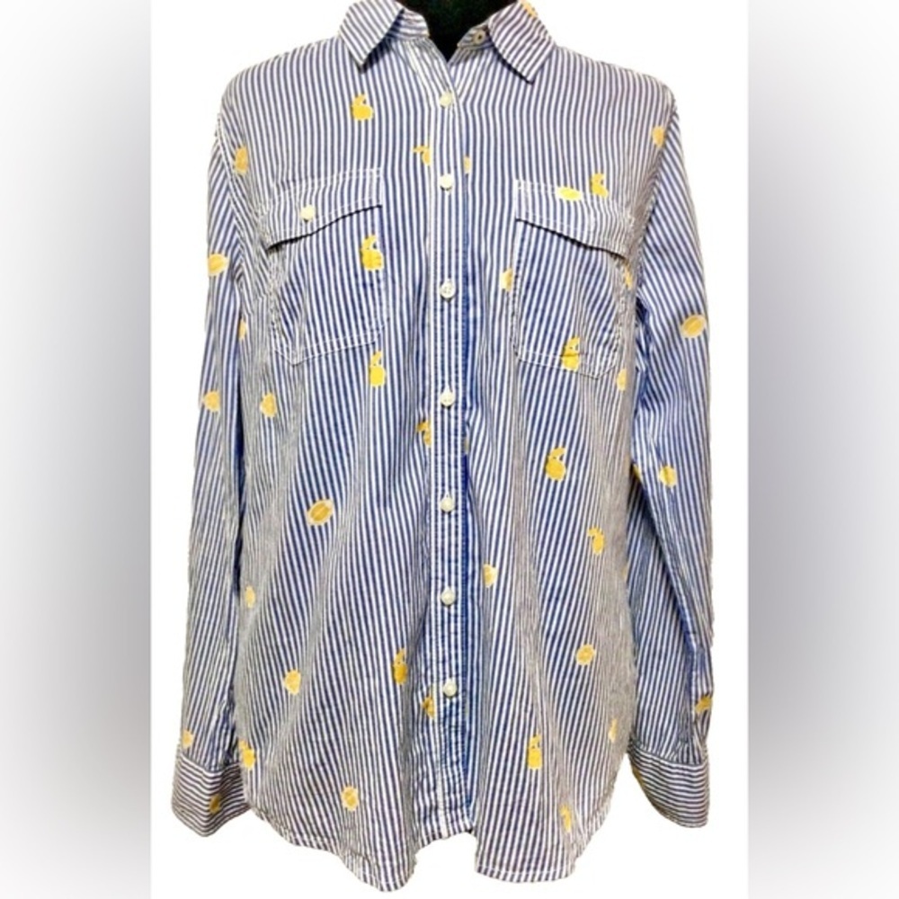 St. John's Bay Blue and Yellow Striped Button Down Shirt